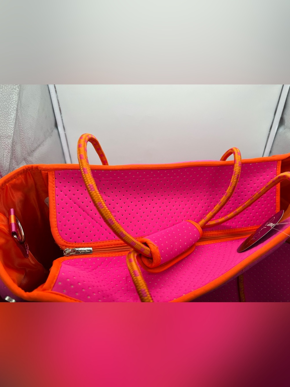 NWT BAG & BOUGIE x SABICHIC Pink Orange Perforated Neoprene Washable Tote Bag - Picture 7 of 12